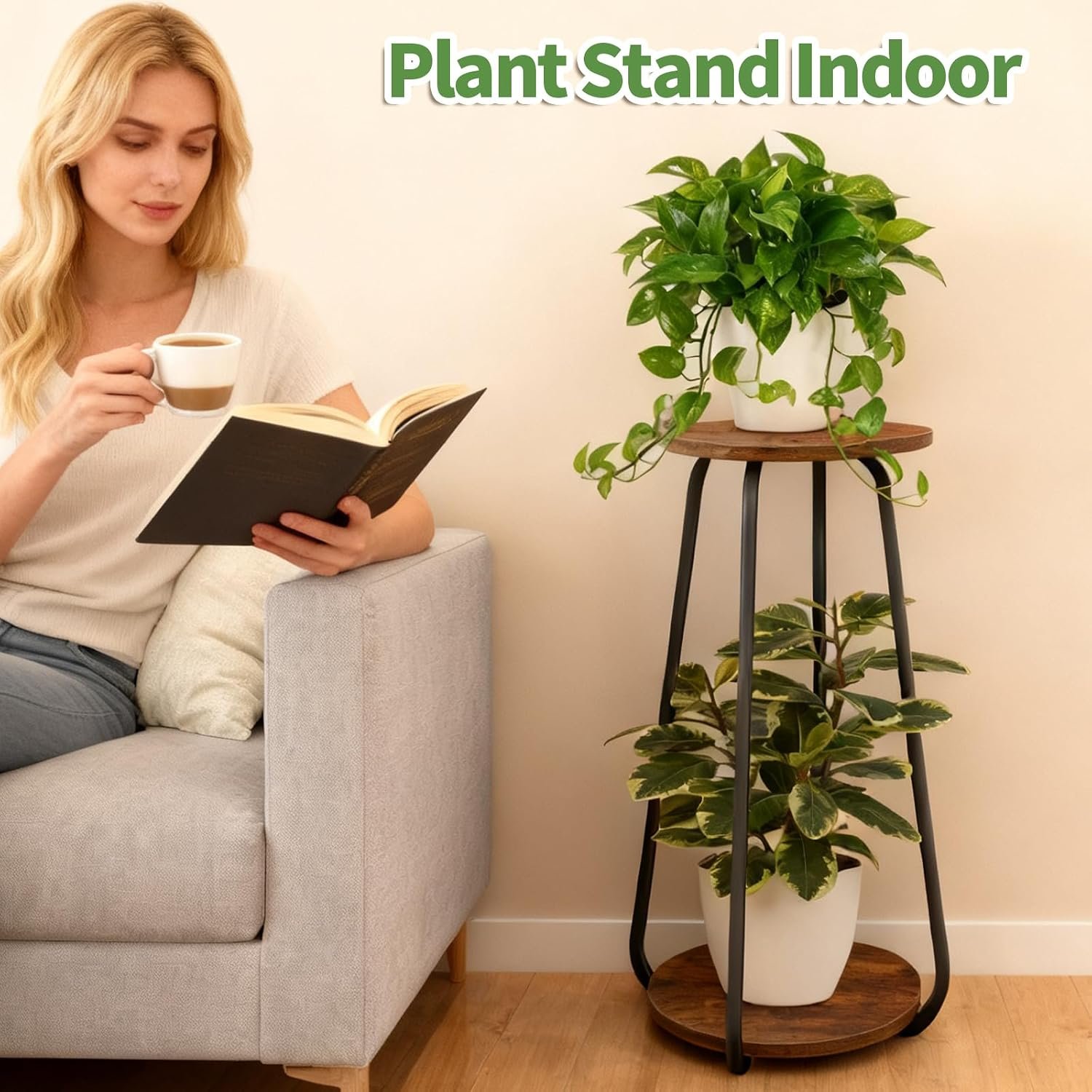 Plant Stand Indoor, 2 Tier Plant Shelf Pedestal Stand Flower Stand, Metal Wood Plant Stands for Indoor Plants Living Room Balcony Deck Garden - صورة 5