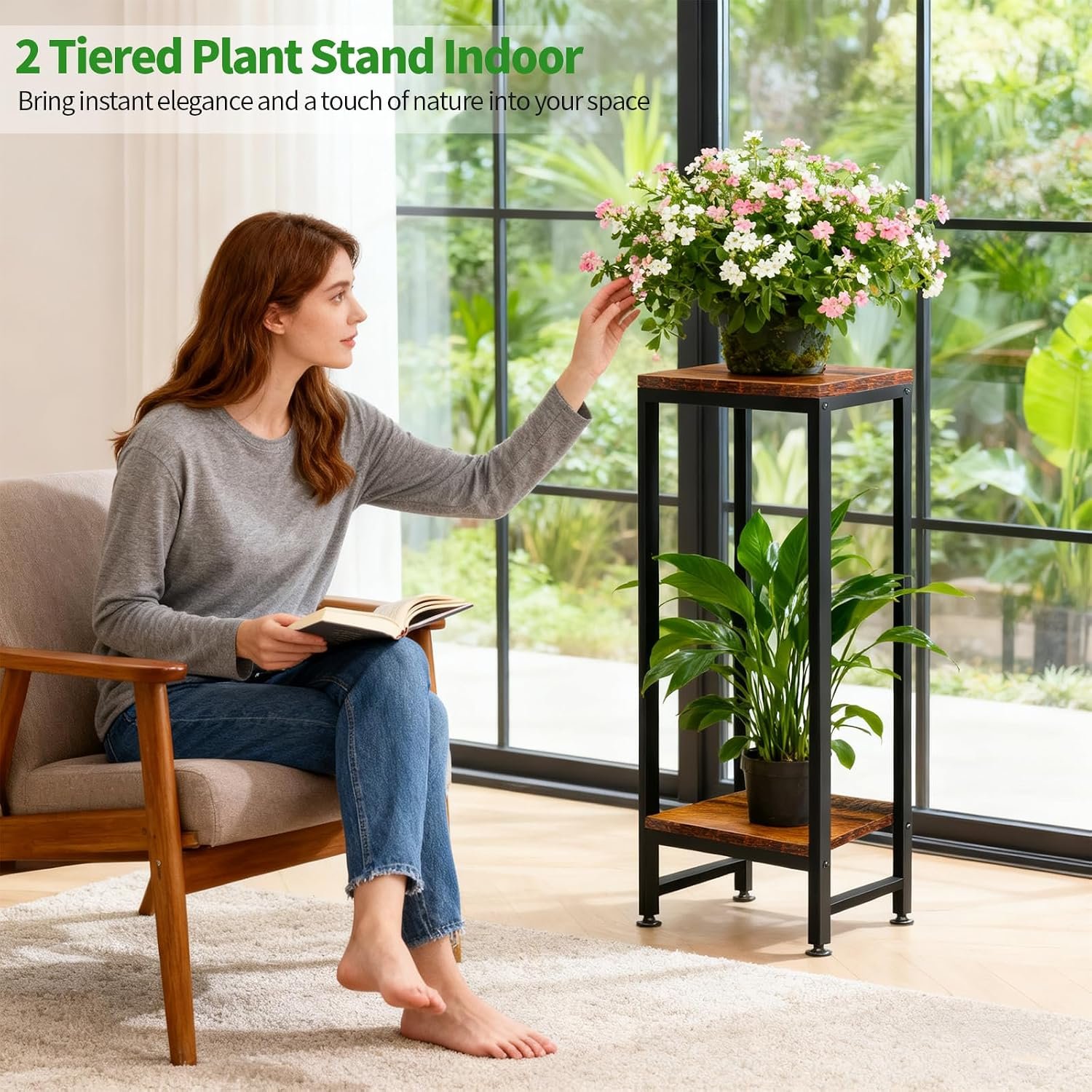 Plant Stand Indoor 2 Tier Heavy Duty Plant Stand for Indoor Outdoor Plants Metal Pedestal Stand 31" Tall Flower Pot Stand Modern Plant Holder for Bedroom Living Room Balcony Patio - صورة 2