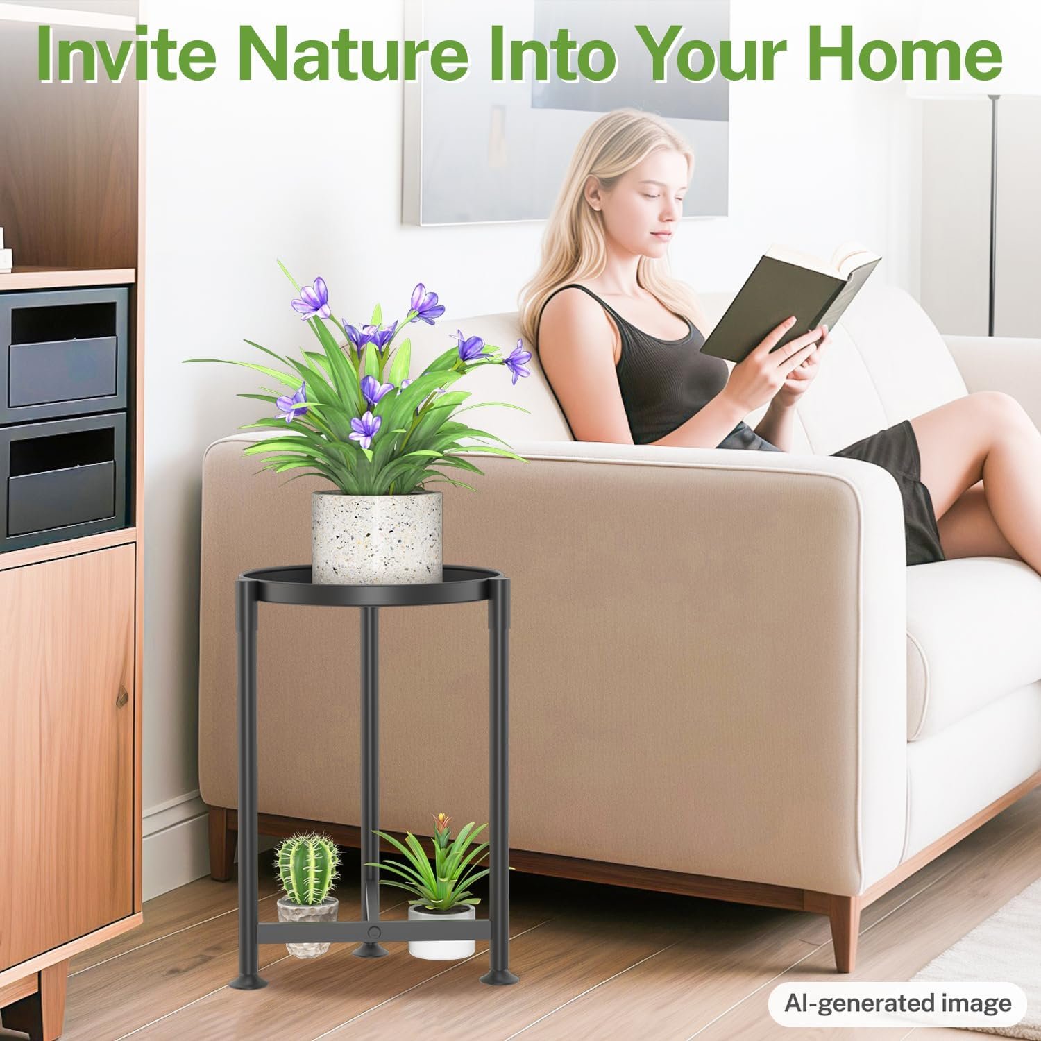 iDavosic.ly 1 Tier Corner Plant Stand Indoor, 16 Inch Tall Vertical Metal Flower Heavy Duty Pot Holder Shelf Outdoor for Patio Porch Living Room, Modern Black - صورة 7