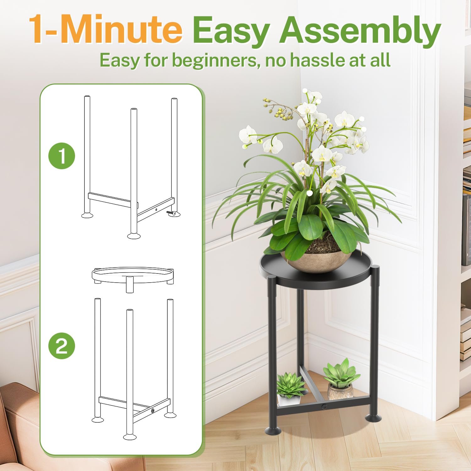 iDavosic.ly 1 Tier Corner Plant Stand Indoor, 16 Inch Tall Vertical Metal Flower Heavy Duty Pot Holder Shelf Outdoor for Patio Porch Living Room, Modern Black - صورة 10