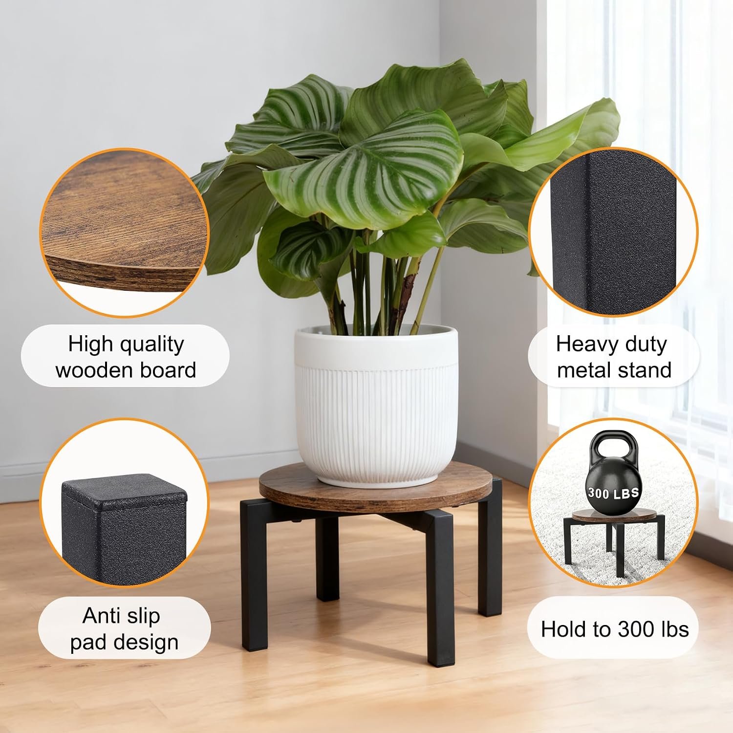 Vigordream Plant Stand Indoor, Heavy Duty Sturdy Metal Plant Holder, Wooden plant Stool, Single Plant Pot Stand Low Short Planter Stand Fit 5-12 Inch Pot - صورة 3