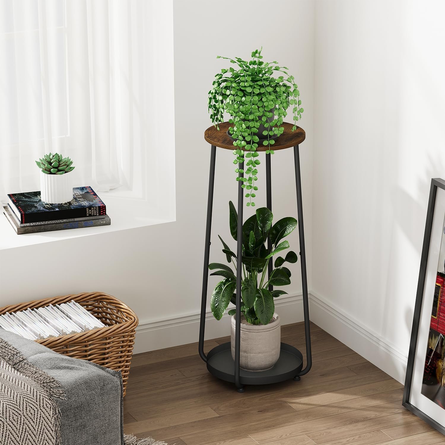YINMIT Wood Plant Stands Indoor, 2 Tier Round Tall Plant Stand, Plant Shelf, Corner Plant Stands for Indoor Plants, Flower Pot Stand, Planter Pot Holder for Balcony Garden Patio... - صورة 2