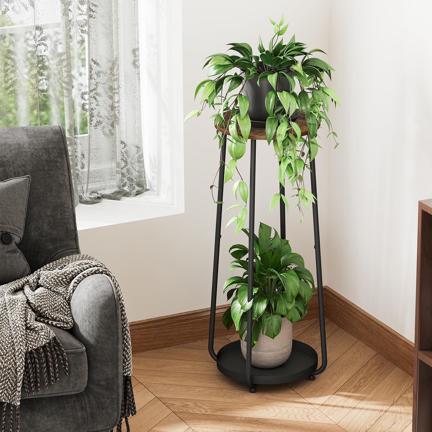 YINMIT Wood Plant Stands Indoor, 2 Tier Round Tall Plant Stand, Plant Shelf, Corner Plant Stands for Indoor Plants, Flower Pot Stand, Planter Pot Holder for Balcony Garden Patio... - صورة 7
