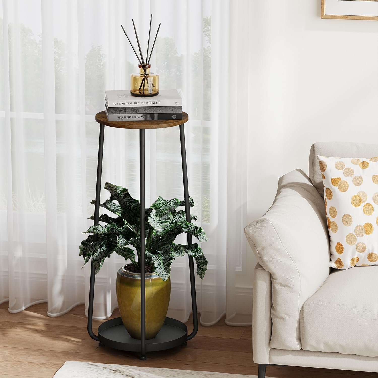YINMIT Wood Plant Stands Indoor, 2 Tier Round Tall Plant Stand, Plant Shelf, Corner Plant Stands for Indoor Plants, Flower Pot Stand, Planter Pot Holder for Balcony Garden Patio... - صورة 4