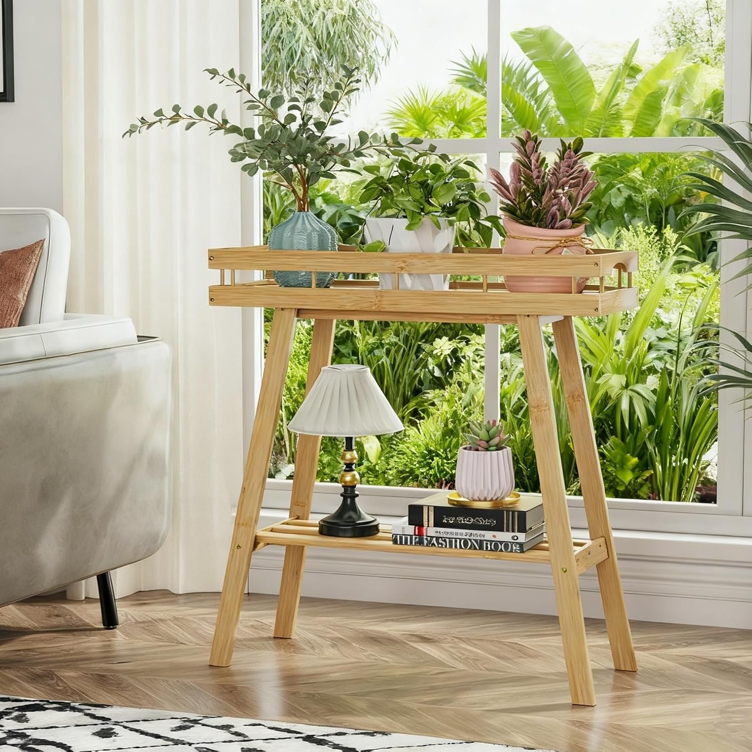BAMBANG Bamboo Plant Stand Indoor, 2 Tier Small Plant Table, Tall Plant Stand for Indoor Plants, Window Sill Plant Shelf, Flower Pot Holder Plant Bench Plant Rack for Living... - صورة 4