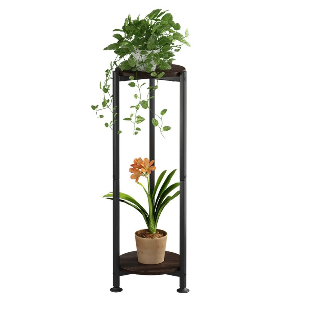 YIZAIJIA Plant Stand Indoor Outdoor 2 Tier Tall Metal Corner Storage Tiered Plant Shelf Holder Multiple for Living Room Balcony Garden,Black (2 Tier-Black Oak Round) - صورة 3