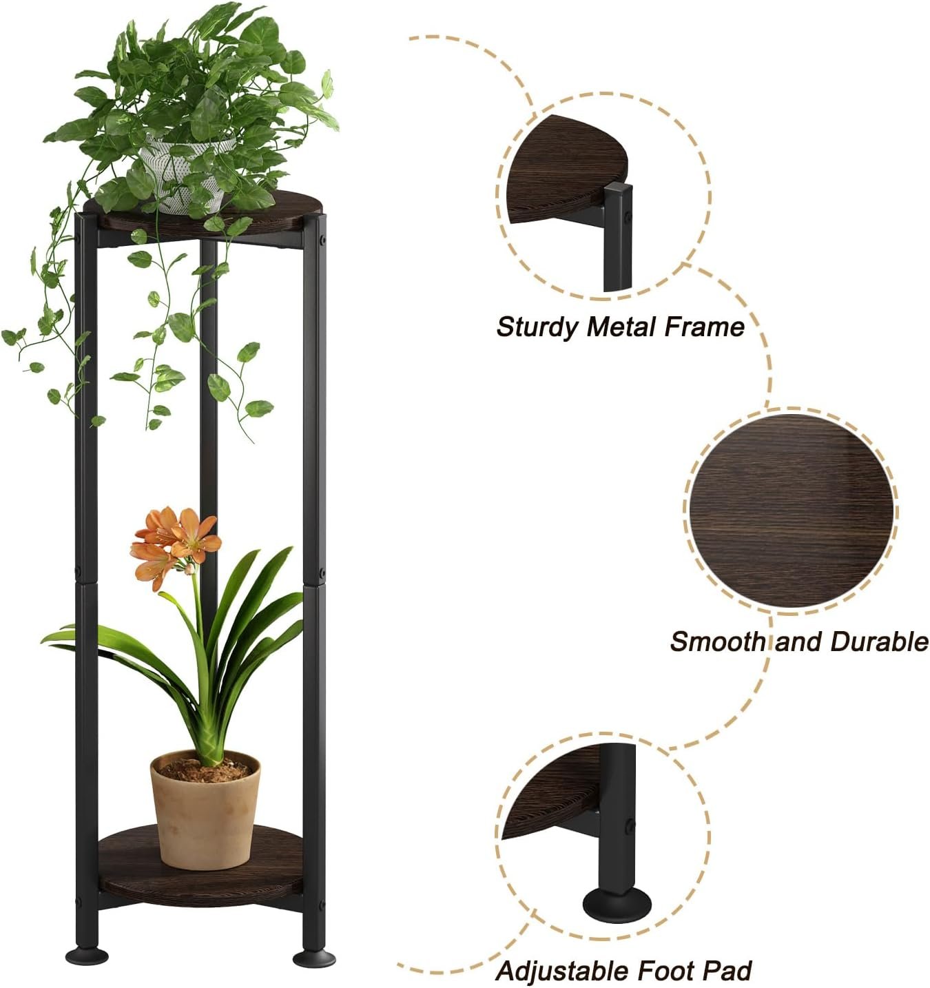 YIZAIJIA Plant Stand Indoor Outdoor 2 Tier Tall Metal Corner Storage Tiered Plant Shelf Holder Multiple for Living Room Balcony Garden,Black (2 Tier-Black Oak Round)