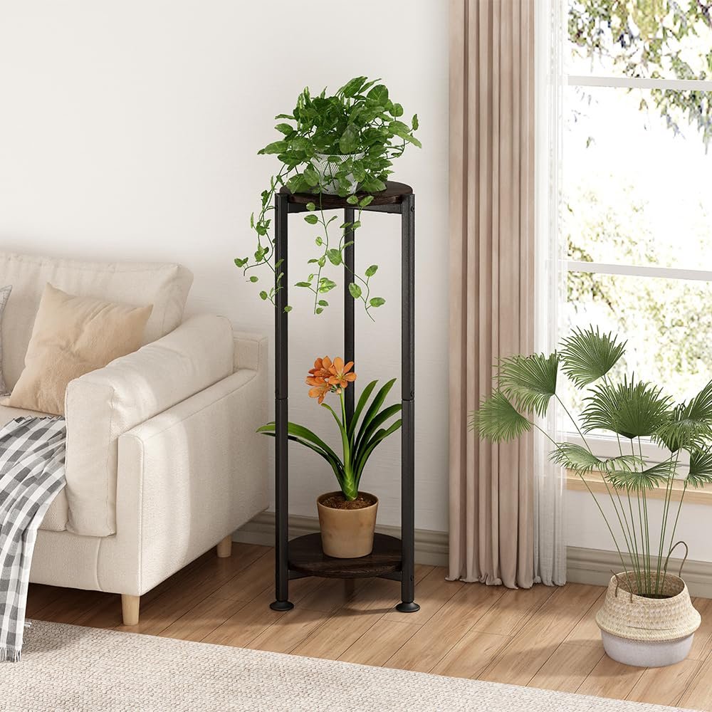 YIZAIJIA Plant Stand Indoor Outdoor 2 Tier Tall Metal Corner Storage Tiered Plant Shelf Holder Multiple for Living Room Balcony Garden,Black (2 Tier-Black Oak Round) - صورة 4
