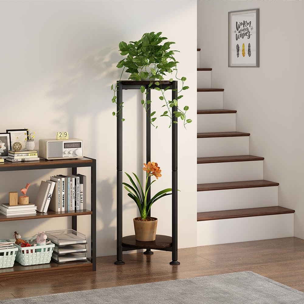YIZAIJIA Plant Stand Indoor Outdoor 2 Tier Tall Metal Corner Storage Tiered Plant Shelf Holder Multiple for Living Room Balcony Garden,Black (2 Tier-Black Oak Round) - صورة 6