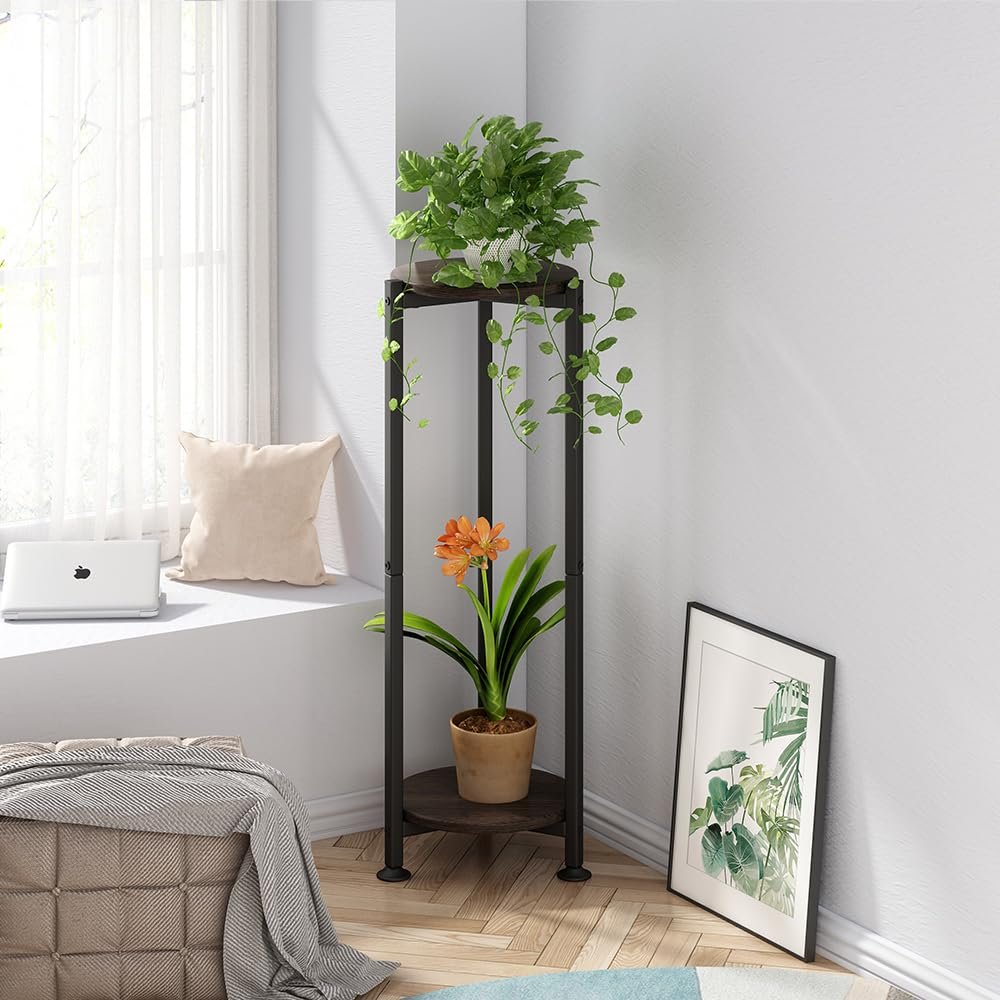 YIZAIJIA Plant Stand Indoor Outdoor 2 Tier Tall Metal Corner Storage Tiered Plant Shelf Holder Multiple for Living Room Balcony Garden,Black (2 Tier-Black Oak Round) - صورة 5