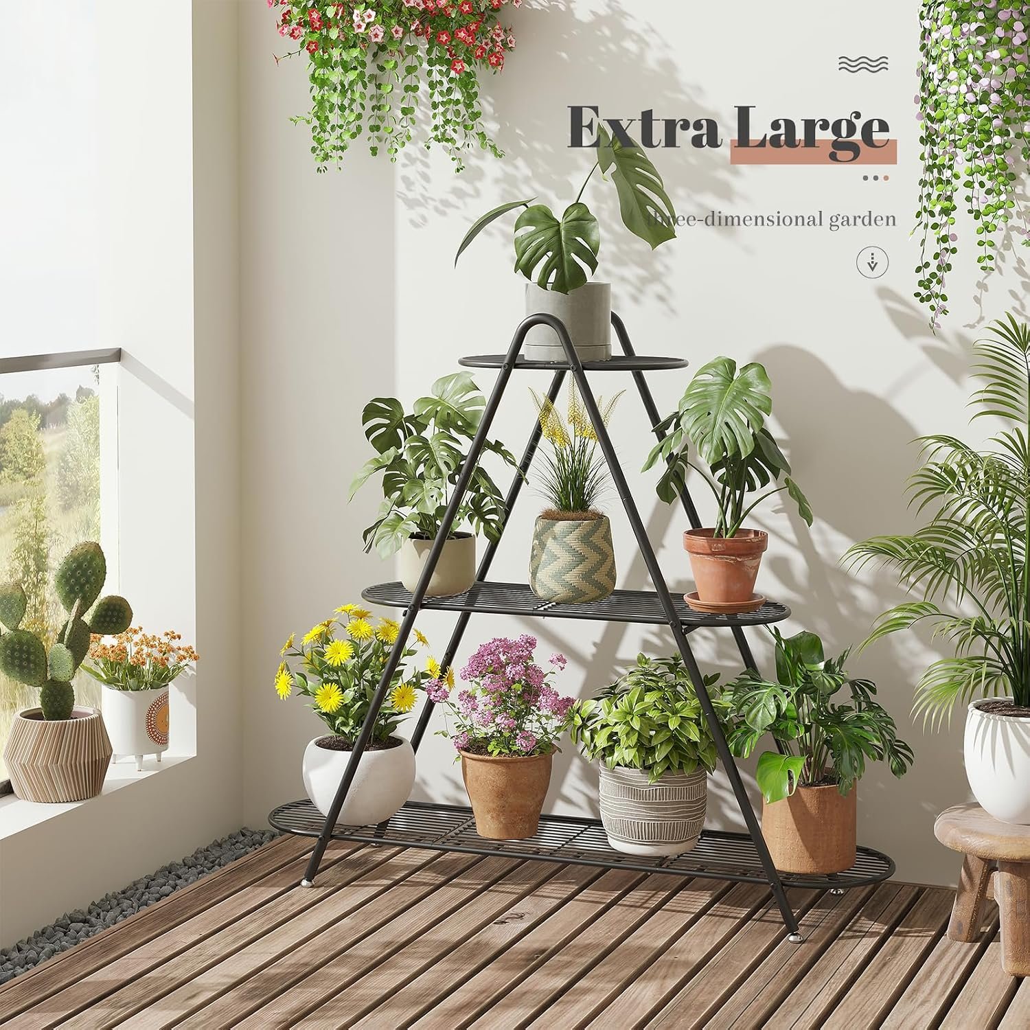 STDDRE Plant Stand Indoor Plant Shelf Outdoor Corner Tall Plant Rack 3-Tier Large Metal Plant Holder Heavy-Duty Flower Rack for Patio,Living Room,Garden Decor (Black) - صورة 2