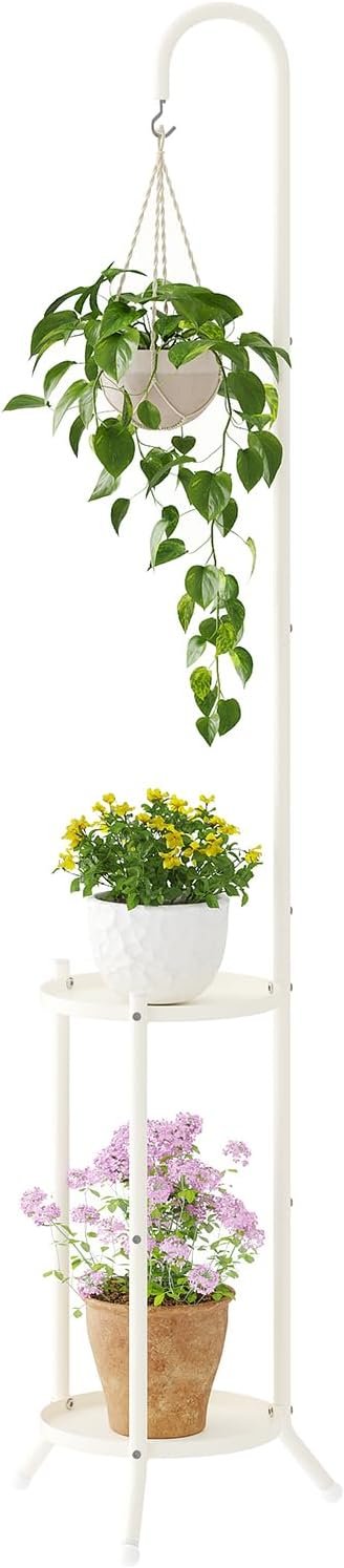 2-Tier Metal Plant Stand with Hanging Hook, Indoor Outdoor Plant Shelf,Heavy Duty Plant holder Rustproof Iron Multiple Plant Round Supports Rack for Planter Corner Garden...