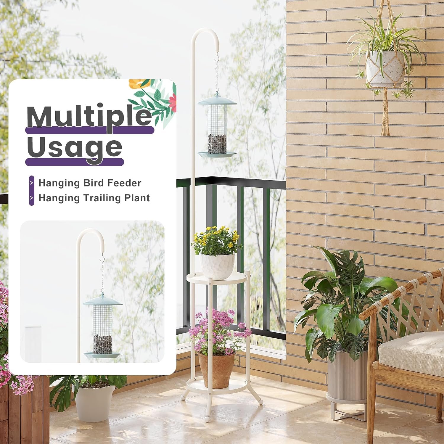 2-Tier Metal Plant Stand with Hanging Hook, Indoor Outdoor Plant Shelf,Heavy Duty Plant holder Rustproof Iron Multiple Plant Round Supports Rack for Planter Corner Garden... - صورة 5