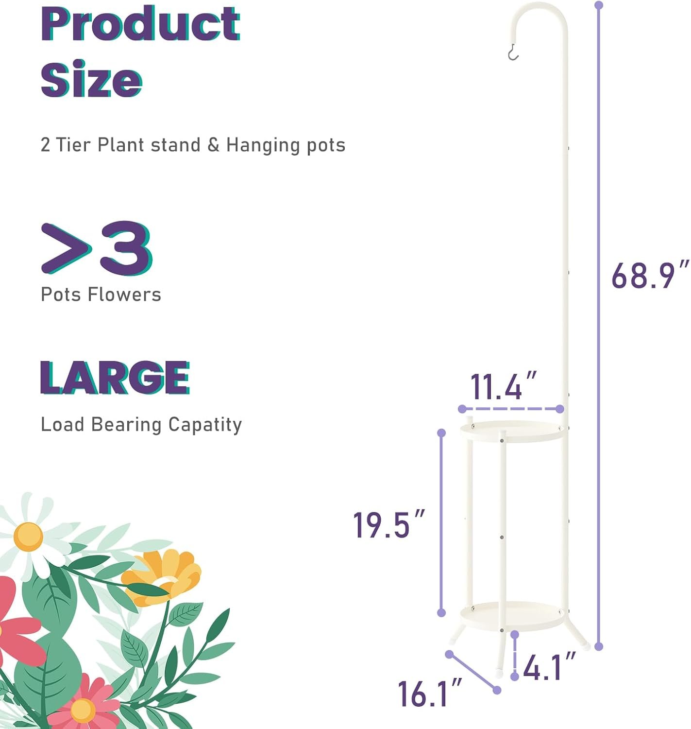 2-Tier Metal Plant Stand with Hanging Hook, Indoor Outdoor Plant Shelf,Heavy Duty Plant holder Rustproof Iron Multiple Plant Round Supports Rack for Planter Corner Garden... - صورة 6