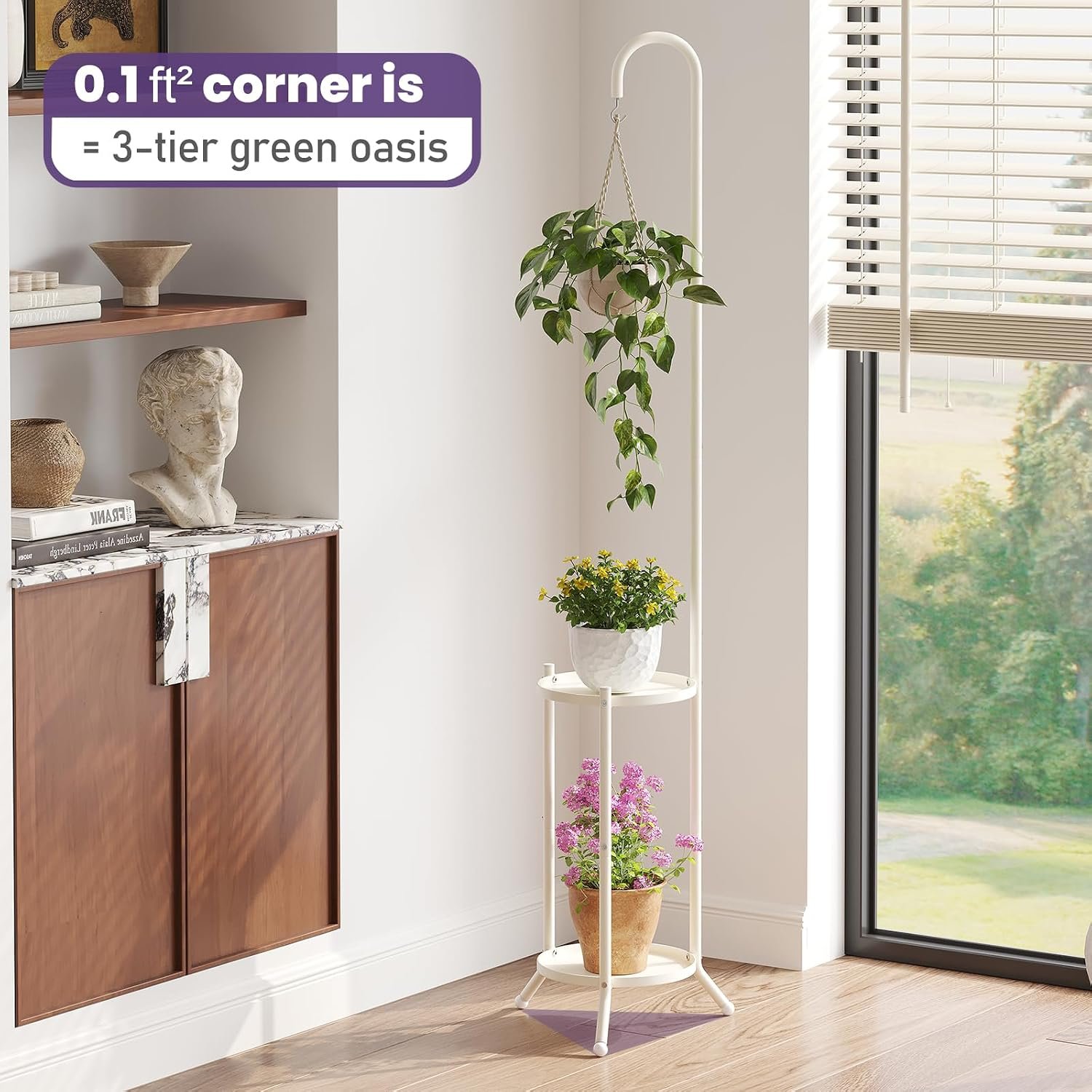 2-Tier Metal Plant Stand with Hanging Hook, Indoor Outdoor Plant Shelf,Heavy Duty Plant holder Rustproof Iron Multiple Plant Round Supports Rack for Planter Corner Garden... - صورة 4