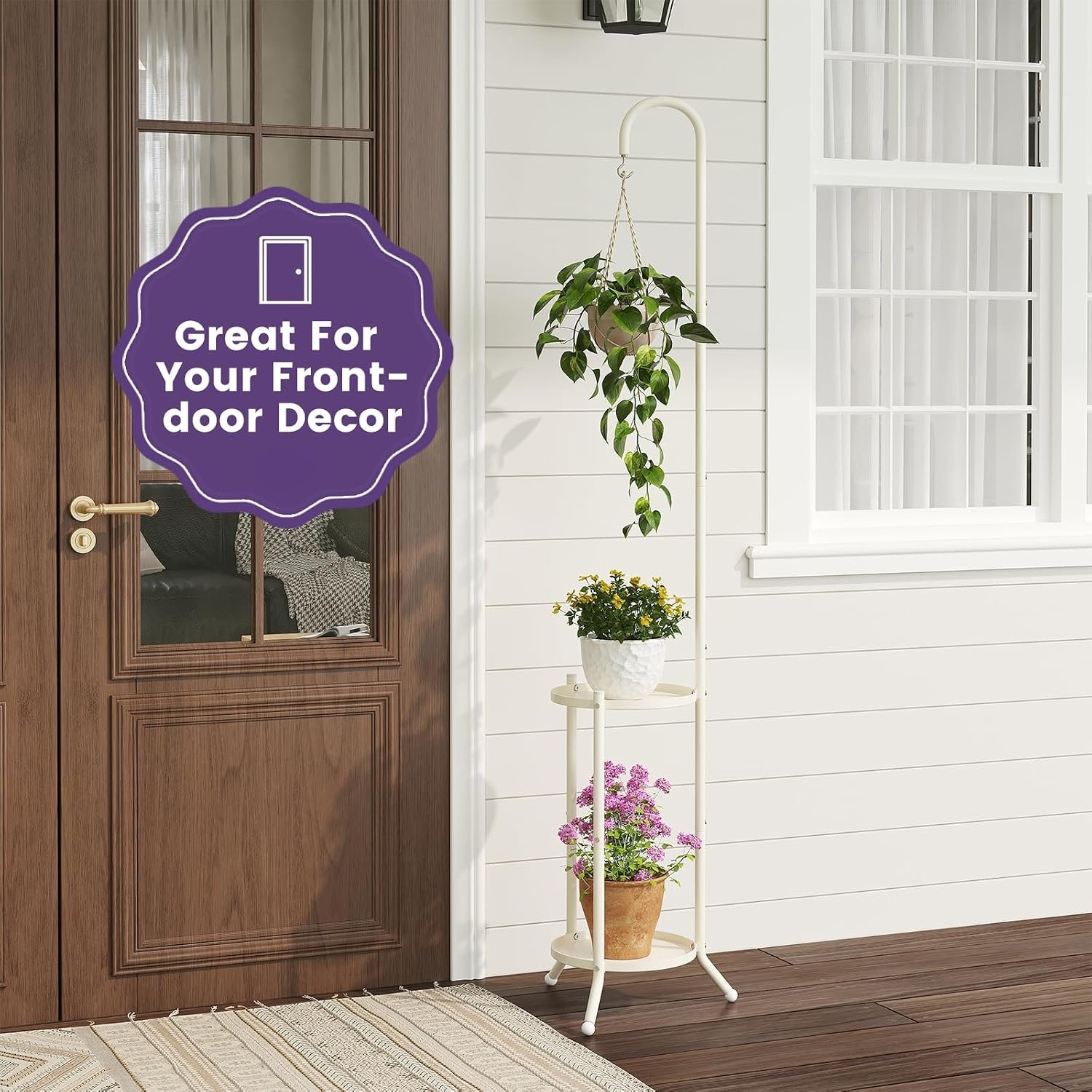 2-Tier Metal Plant Stand with Hanging Hook, Indoor Outdoor Plant Shelf,Heavy Duty Plant holder Rustproof Iron Multiple Plant Round Supports Rack for Planter Corner Garden... - صورة 7
