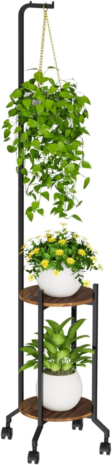 VyGrow Plant Stand Indoor, 2 Tier Hanging Tall Plant Shelf with Wheels, 3 Potted Corner Flower Stand Metal Plant Holder, Plant Shelves for Living Room, Bedroom, Patio, Outdoor...