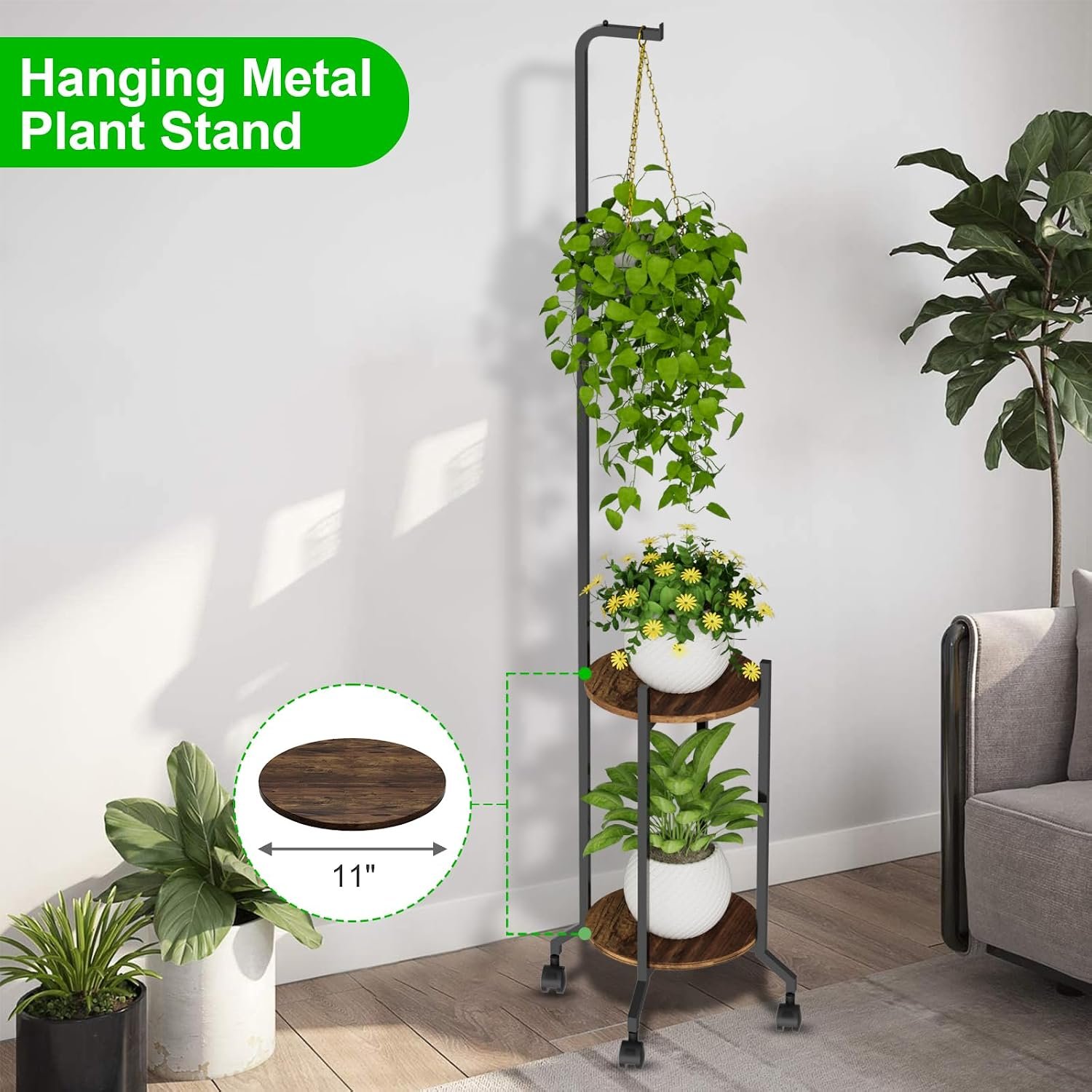 VyGrow Plant Stand Indoor, 2 Tier Hanging Tall Plant Shelf with Wheels, 3 Potted Corner Flower Stand Metal Plant Holder, Plant Shelves for Living Room, Bedroom, Patio, Outdoor... - صورة 2