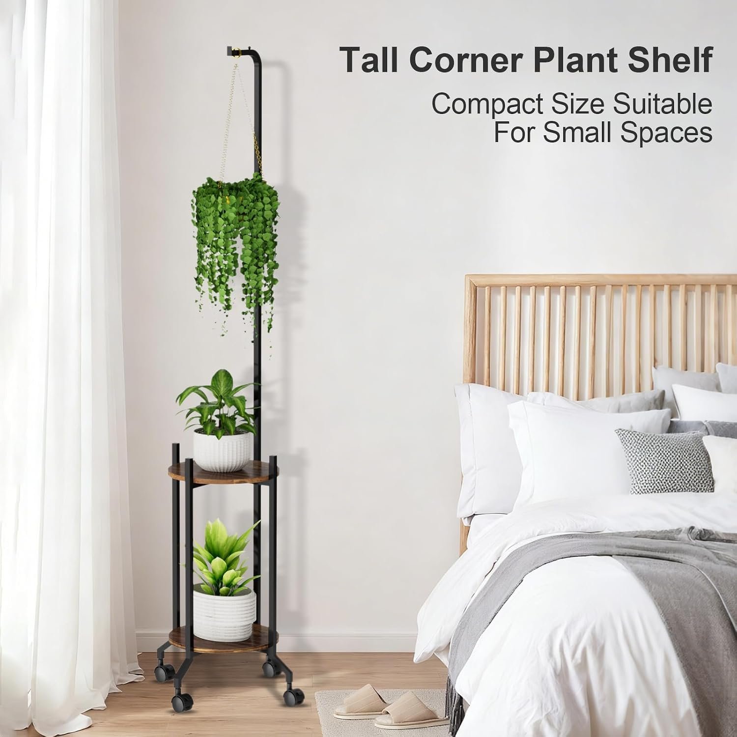VyGrow Plant Stand Indoor, 2 Tier Hanging Tall Plant Shelf with Wheels, 3 Potted Corner Flower Stand Metal Plant Holder, Plant Shelves for Living Room, Bedroom, Patio, Outdoor... - صورة 3