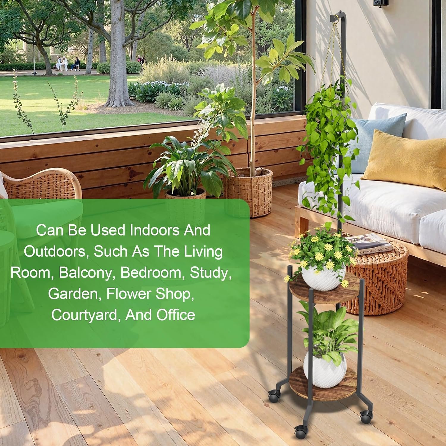 VyGrow Plant Stand Indoor, 2 Tier Hanging Tall Plant Shelf with Wheels, 3 Potted Corner Flower Stand Metal Plant Holder, Plant Shelves for Living Room, Bedroom, Patio, Outdoor... - صورة 6