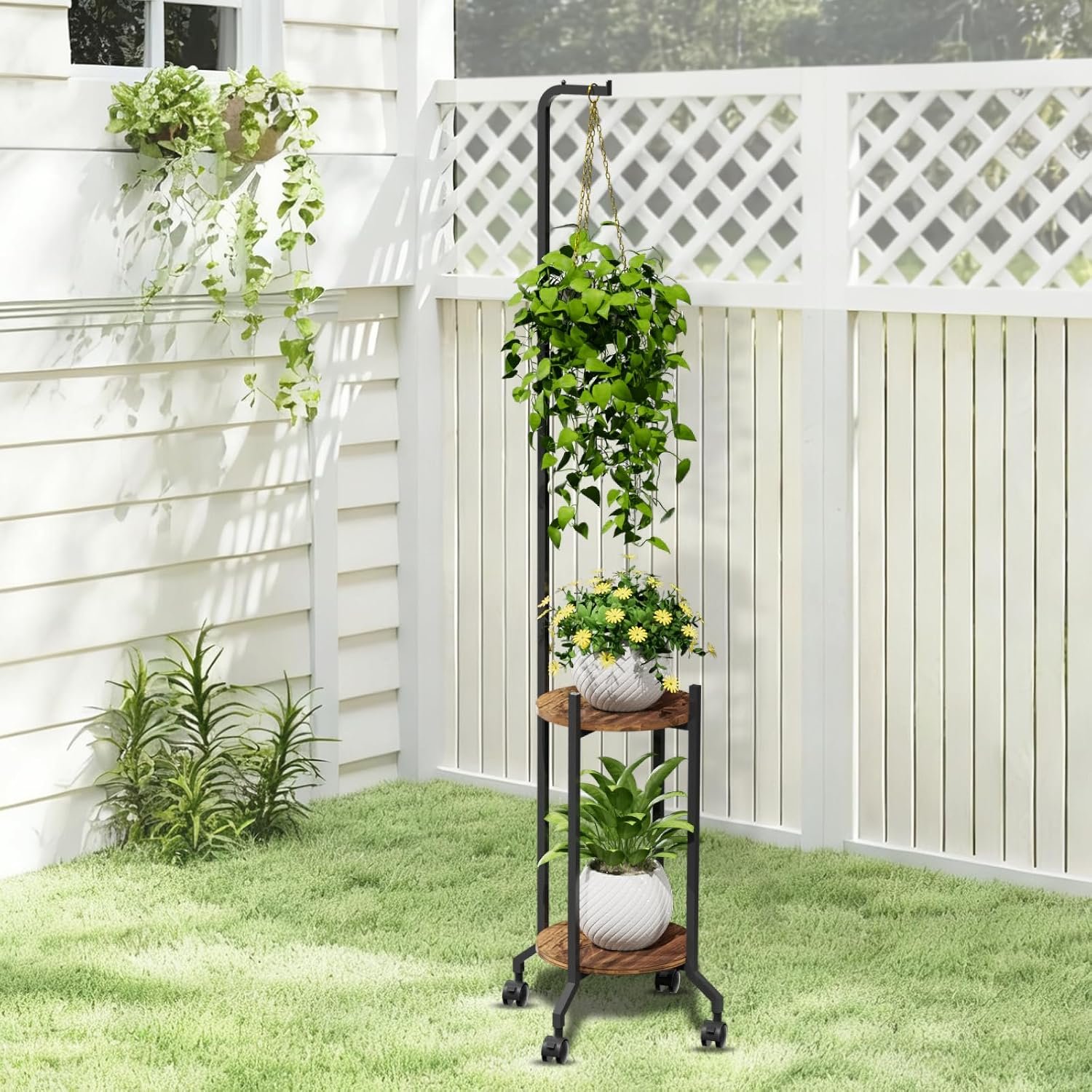VyGrow Plant Stand Indoor, 2 Tier Hanging Tall Plant Shelf with Wheels, 3 Potted Corner Flower Stand Metal Plant Holder, Plant Shelves for Living Room, Bedroom, Patio, Outdoor... - صورة 7