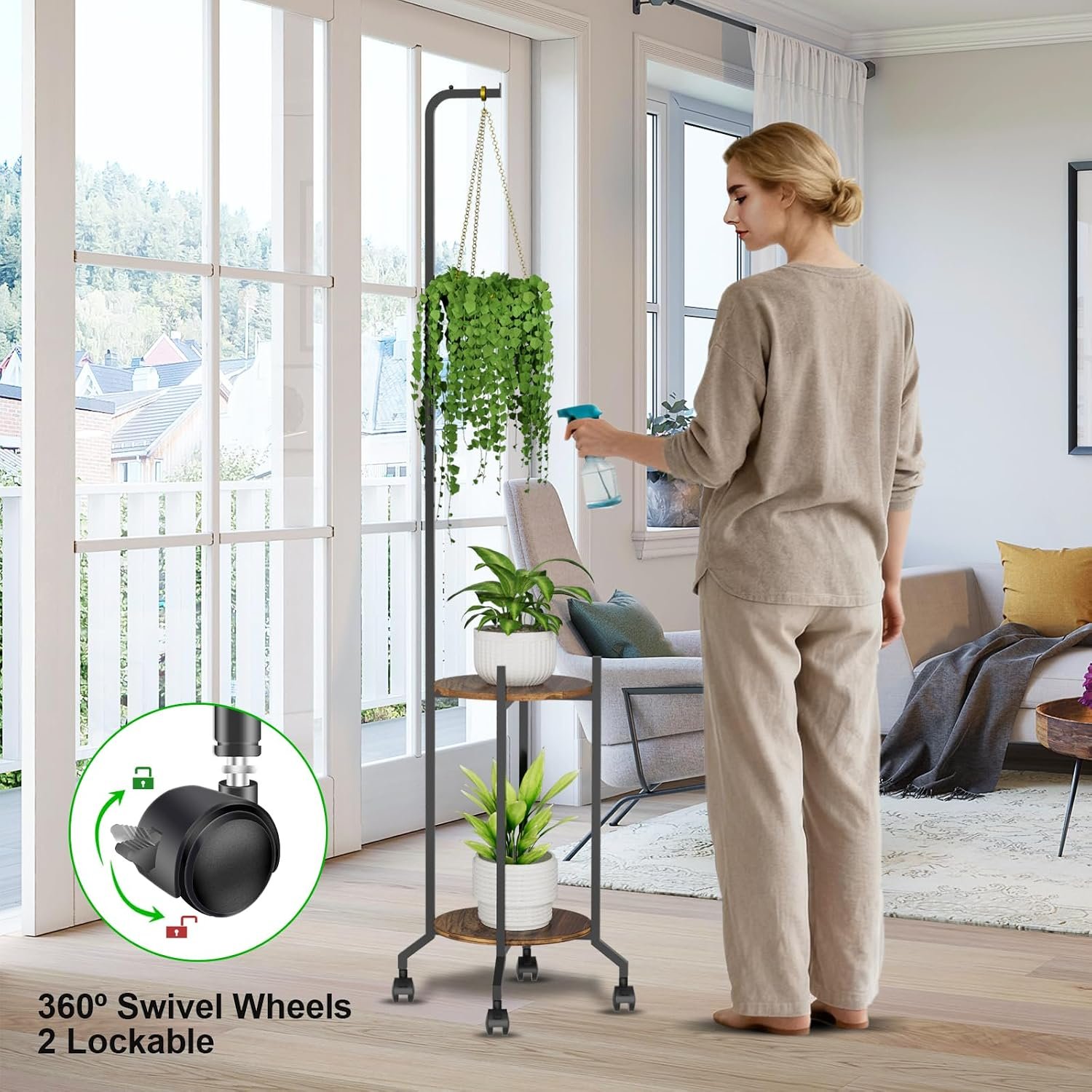 VyGrow Plant Stand Indoor, 2 Tier Hanging Tall Plant Shelf with Wheels, 3 Potted Corner Flower Stand Metal Plant Holder, Plant Shelves for Living Room, Bedroom, Patio, Outdoor... - صورة 5