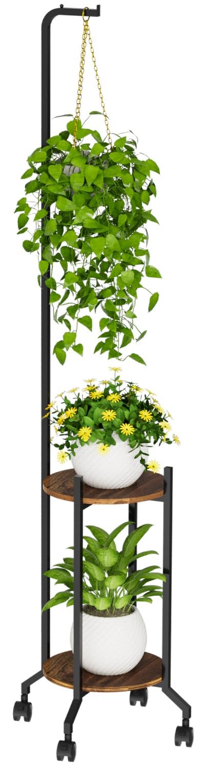 VyGrow Plant Stand Indoor, 2 Tier Hanging Tall Plant Shelf with Wheels, 3 Potted Corner Flower Stand Metal Plant Holder, Plant Shelves for Living Room, Bedroom, Patio, Outdoor... - صورة 9