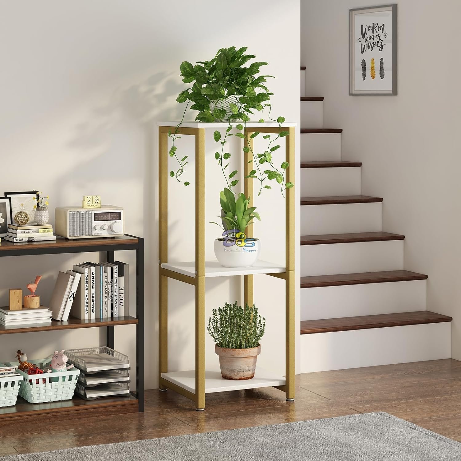 Engineer Wood Plant Stand Indoor Outdoor,Tall Metal Plant Stands, 3 tier Flower Pot Plant Holder, Modern Plant Shelf for Corner Living & Bed Room Decor (GOLDEN WHITE) - صورة 4