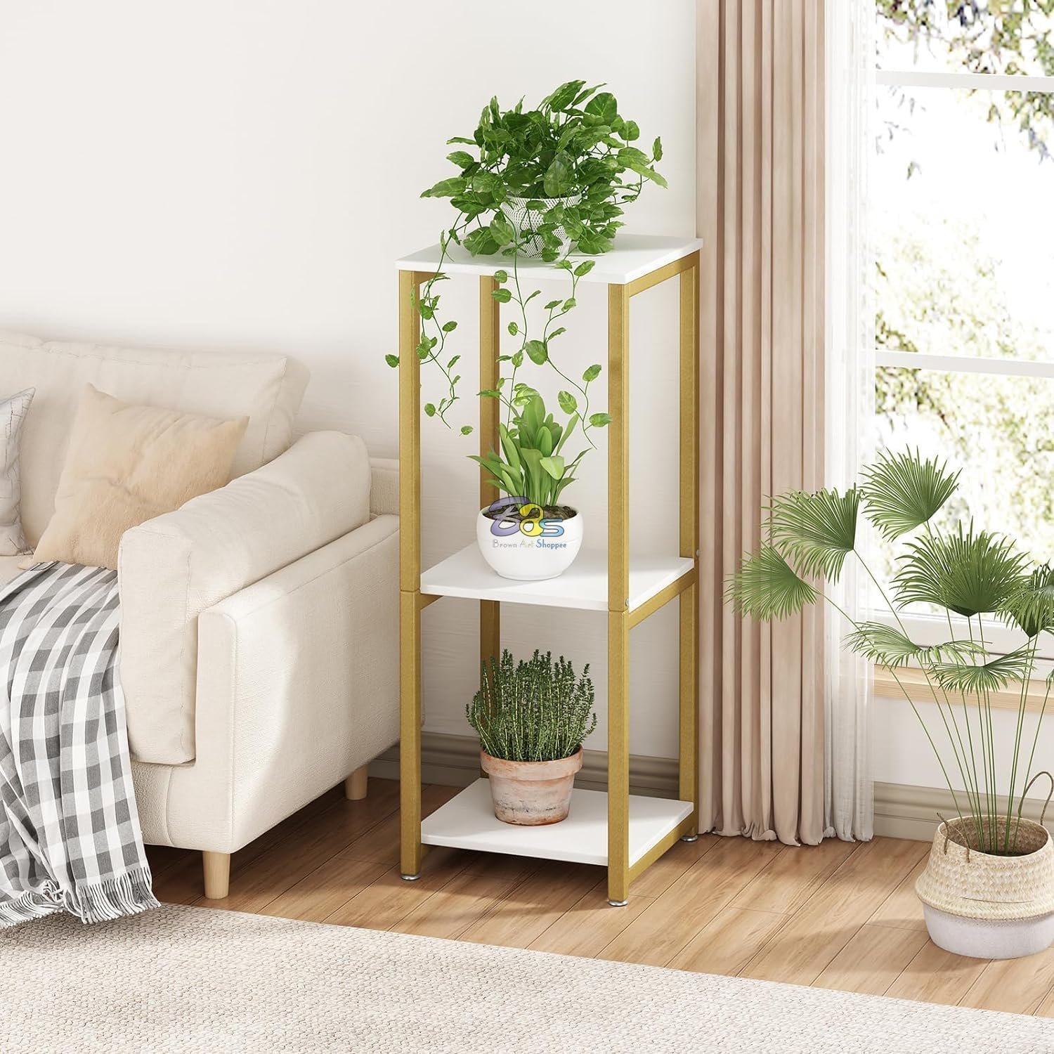 Engineer Wood Plant Stand Indoor Outdoor,Tall Metal Plant Stands, 3 tier Flower Pot Plant Holder, Modern Plant Shelf for Corner Living & Bed Room Decor (GOLDEN WHITE) - صورة 2