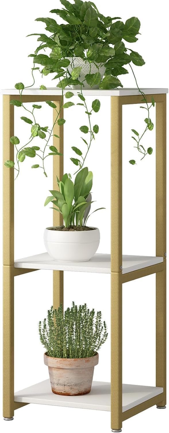 Engineer Wood Plant Stand Indoor Outdoor,Tall Metal Plant Stands, 3 tier Flower Pot Plant Holder, Modern Plant Shelf for Corner Living & Bed Room Decor (GOLDEN WHITE) - صورة 3