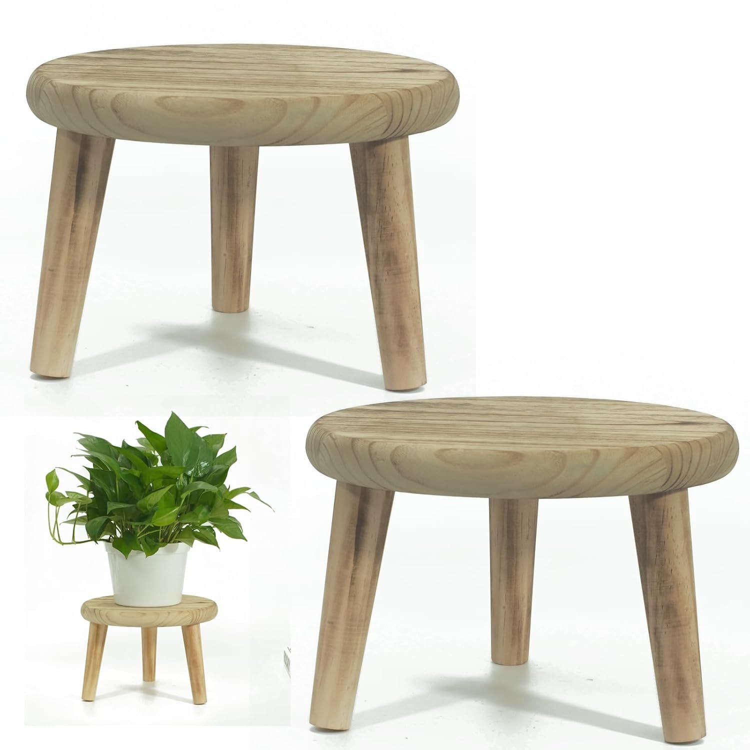 2Pcs Small Wooden Stools for Plants, Wood Stool Plant Stand, 8inch Solid Wood Garden Plant Pot Riser, Mini Round Flower Display Stand Plant Holder Indoor for Home Bonsai Potted... - صورة 4