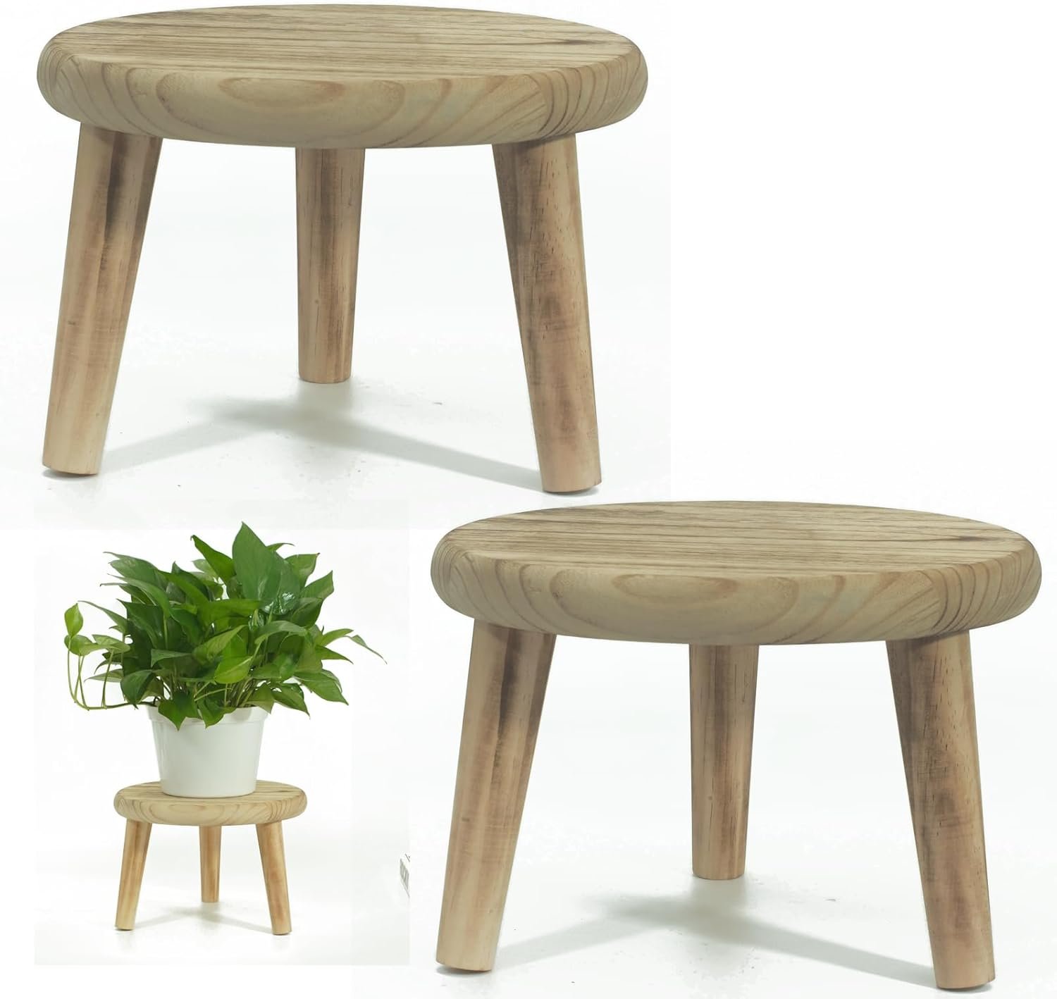 2Pcs Small Wooden Stools for Plants, Wood Stool Plant Stand, 8inch Solid Wood Garden Plant Pot Riser, Mini Round Flower Display Stand Plant Holder Indoor for Home Bonsai Potted... - صورة 6