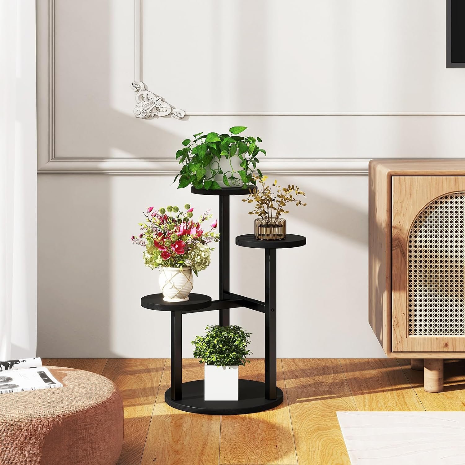 IBUYKE 4 Tier Plant Stand Indoor, Metal Wood Plant Shelf for Multiple Plants, Small Tiered Corner Flower Pot Stand for Living Room Patio Balcony Garden, Black TMJ073B - صورة 2
