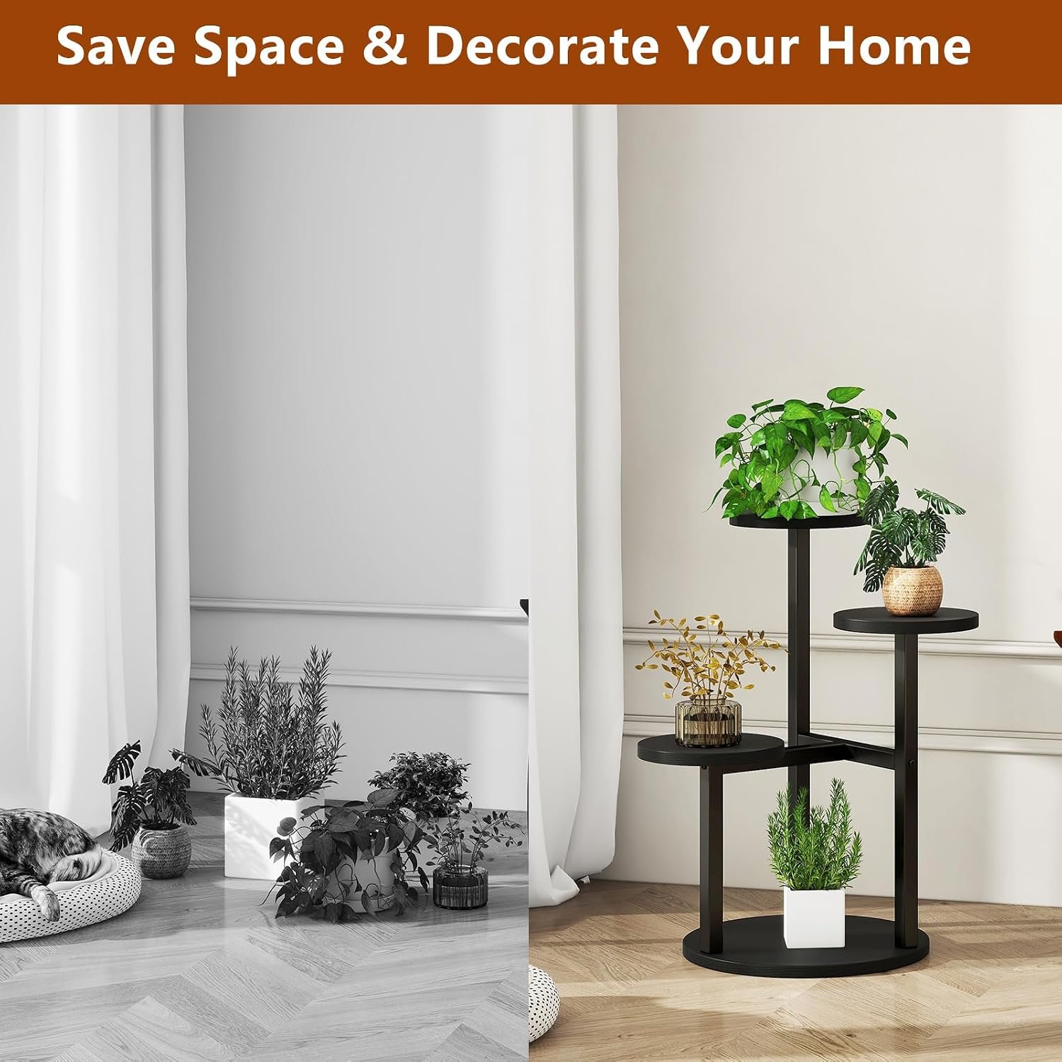 IBUYKE 4 Tier Plant Stand Indoor, Metal Wood Plant Shelf for Multiple Plants, Small Tiered Corner Flower Pot Stand for Living Room Patio Balcony Garden, Black TMJ073B - صورة 6