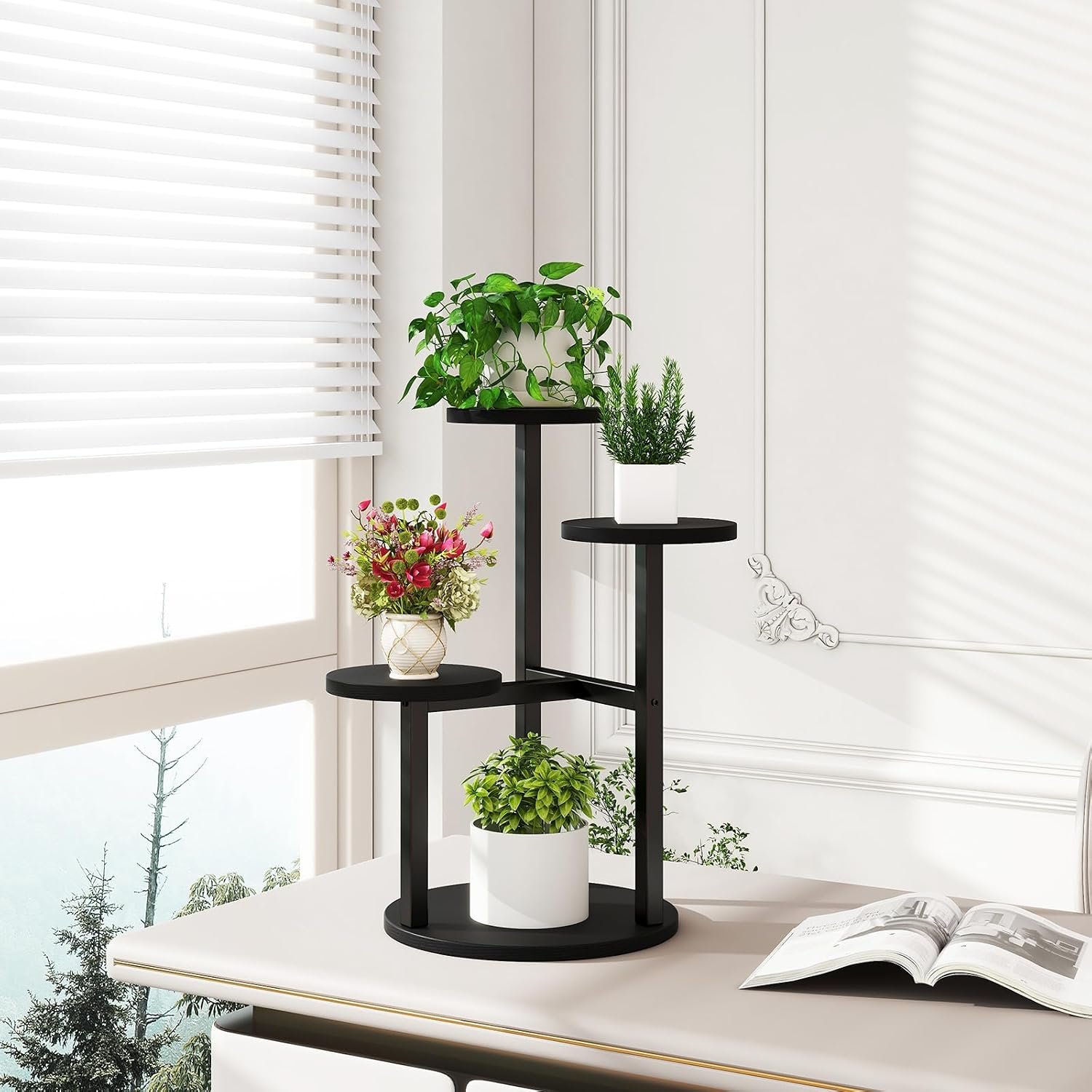 IBUYKE 4 Tier Plant Stand Indoor, Metal Wood Plant Shelf for Multiple Plants, Small Tiered Corner Flower Pot Stand for Living Room Patio Balcony Garden, Black TMJ073B - صورة 7