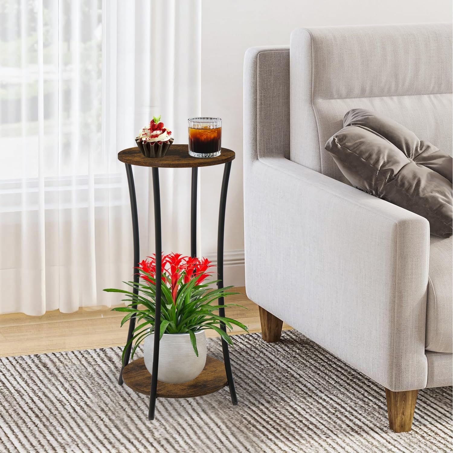 Plant Stand Indoor,2 Tier Round Potted Holder Rack,Flower Pot Stand Shelf,Round Supports Rack,Corner Plant Shelf for Balcony Garden Patio Living Room (Retro) - صورة 2