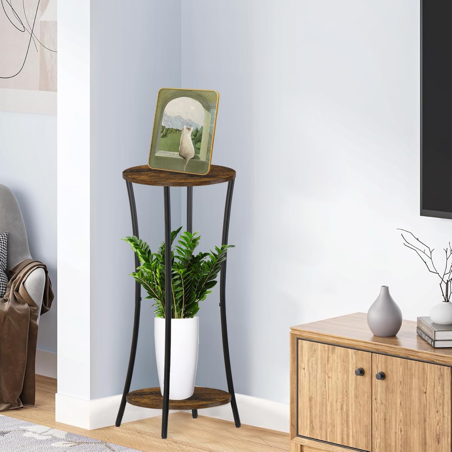 Plant Stand Indoor,2 Tier Round Potted Holder Rack,Flower Pot Stand Shelf,Round Supports Rack,Corner Plant Shelf for Balcony Garden Patio Living Room (Retro) - صورة 4