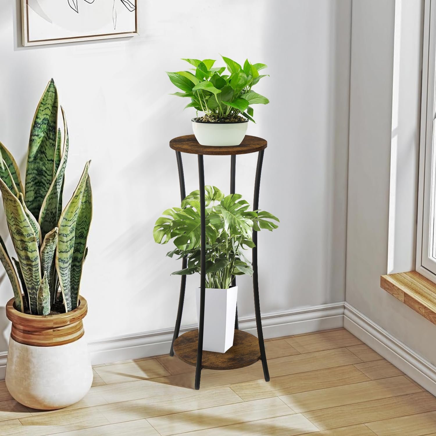 Plant Stand Indoor,2 Tier Round Potted Holder Rack,Flower Pot Stand Shelf,Round Supports Rack,Corner Plant Shelf for Balcony Garden Patio Living Room (Retro) - صورة 5