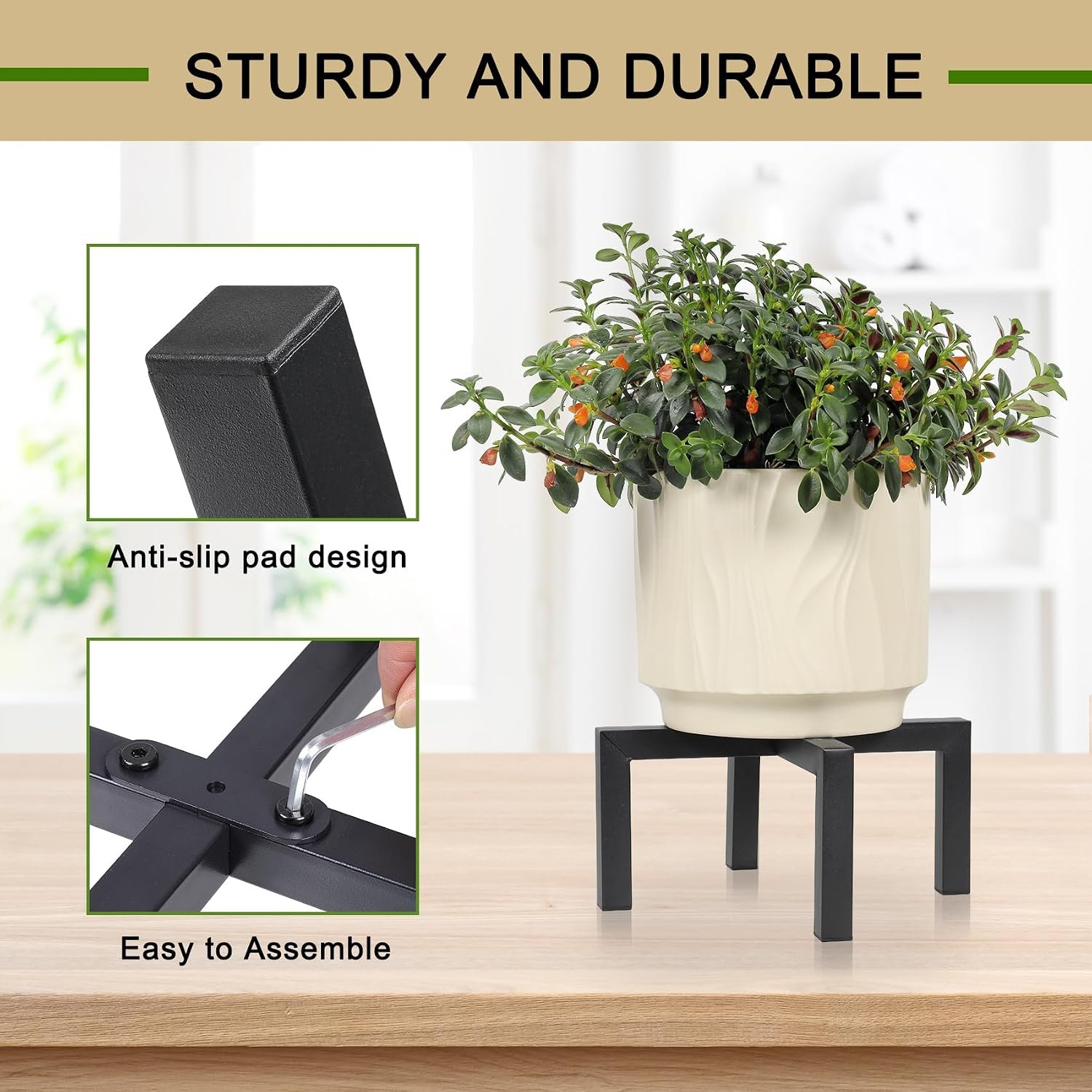 Plant Stand Indoor Outdoor, Heavy Duty Metal Plant Pot Holder, Mid Century Modern Planter Stands, Floor Flower Pot Holder, Fit 5-12 Inches Pots (Black, Fit 5-12 inch pots) - صورة 6