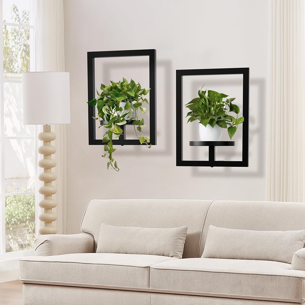 Hershii Indoor Wall Picture Frame Plant Stand, 2 Pack Metal Flower Display Rack, Modern Style Window Plant Shelf Pot Holder, Decor for Living Room Outdoor Entryway Office, Black - صورة 2