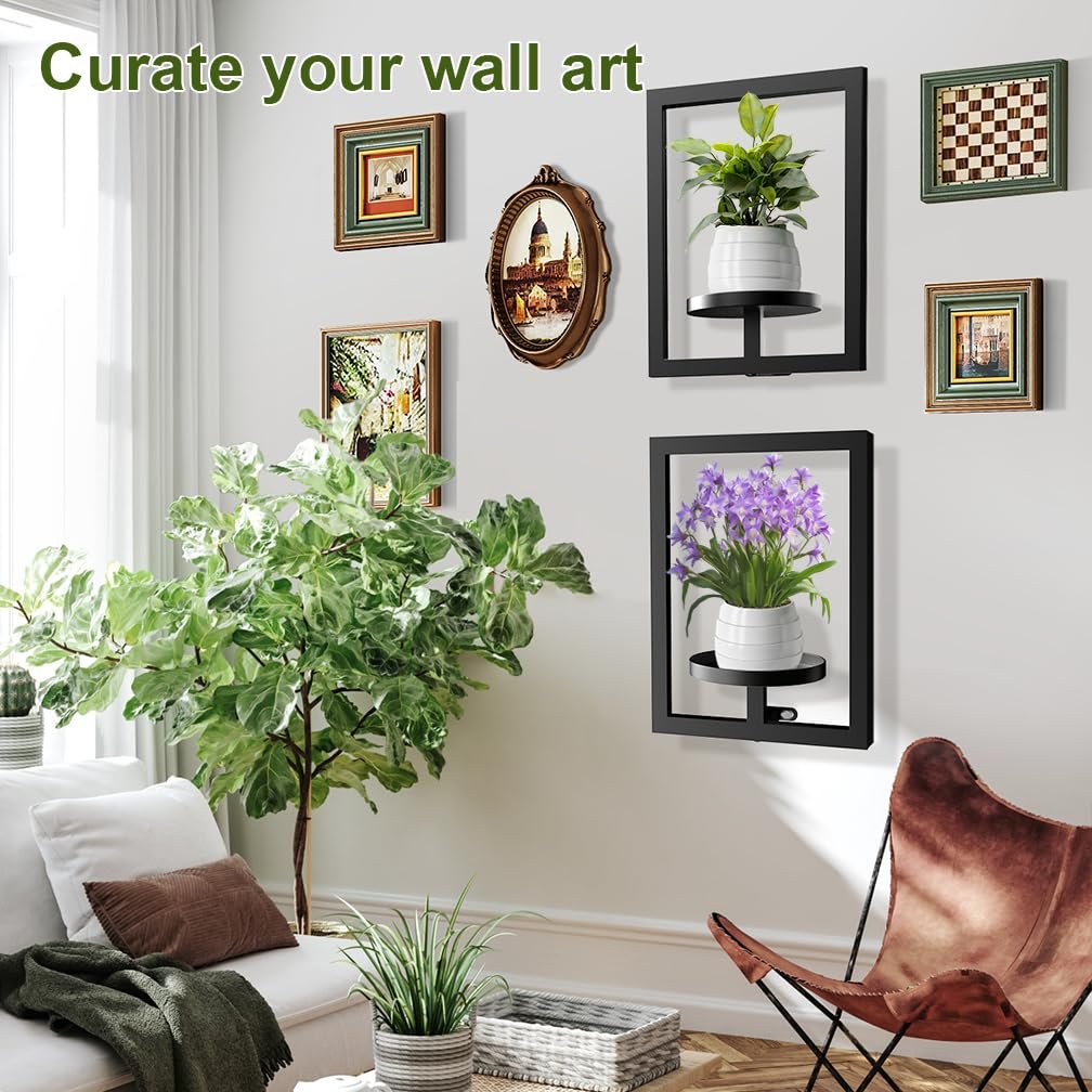 Hershii Indoor Wall Picture Frame Plant Stand, 2 Pack Metal Flower Display Rack, Modern Style Window Plant Shelf Pot Holder, Decor for Living Room Outdoor Entryway Office, Black - صورة 3