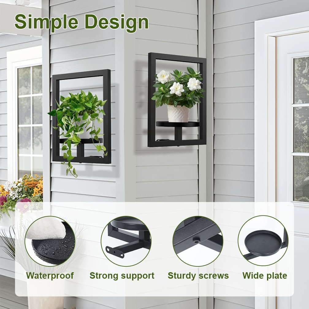 Hershii Indoor Wall Picture Frame Plant Stand, 2 Pack Metal Flower Display Rack, Modern Style Window Plant Shelf Pot Holder, Decor for Living Room Outdoor Entryway Office, Black - صورة 4