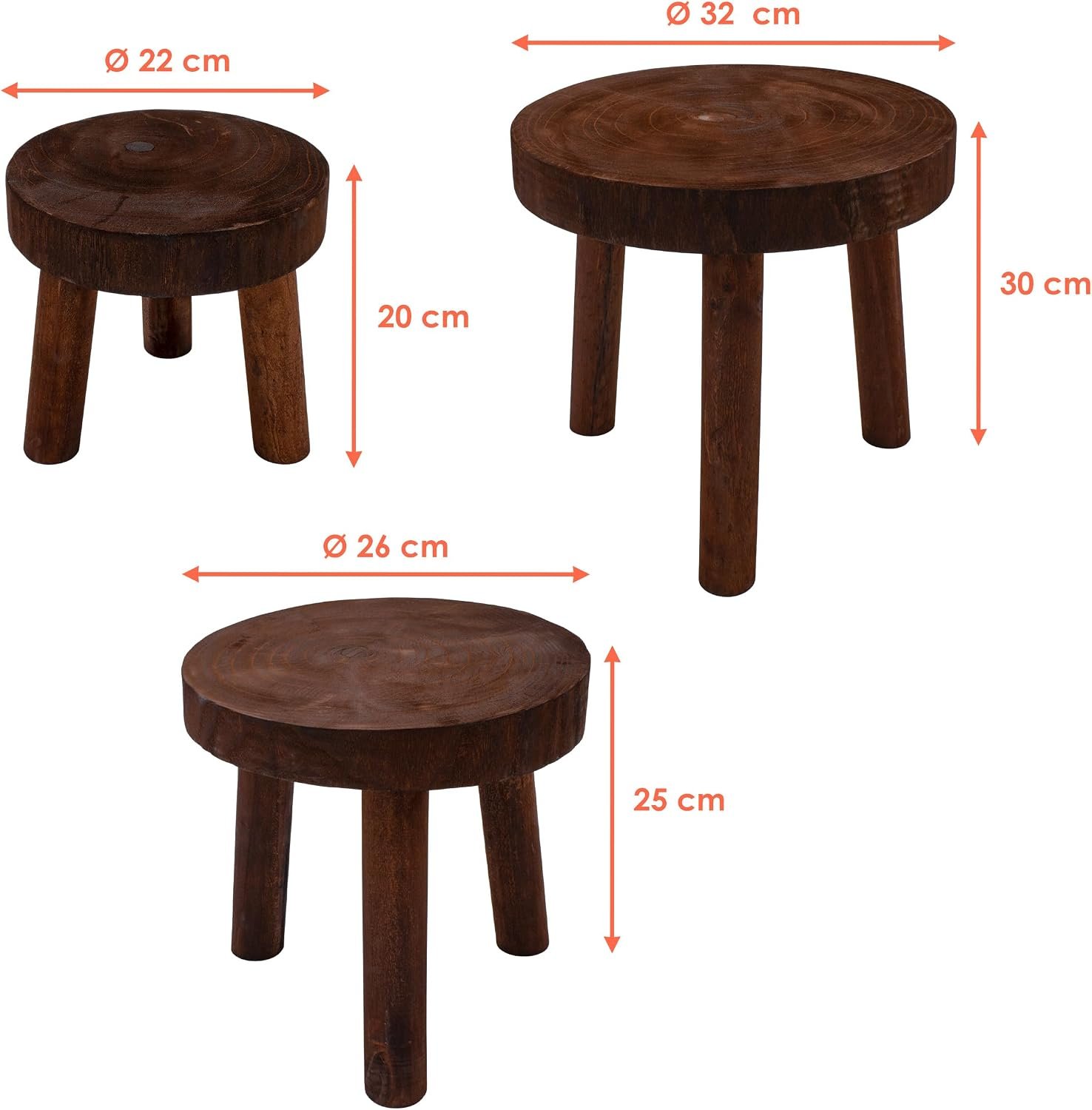 Wooden Flower Stool with 3 Legs, Brown, Set of 3, 30/26/22 cm, Solid Wood Decorative Plant Stand, Round, Real Wood Stool Stand for Flowers, Potted Plant, Garden, Balcony, Home... - صورة 3