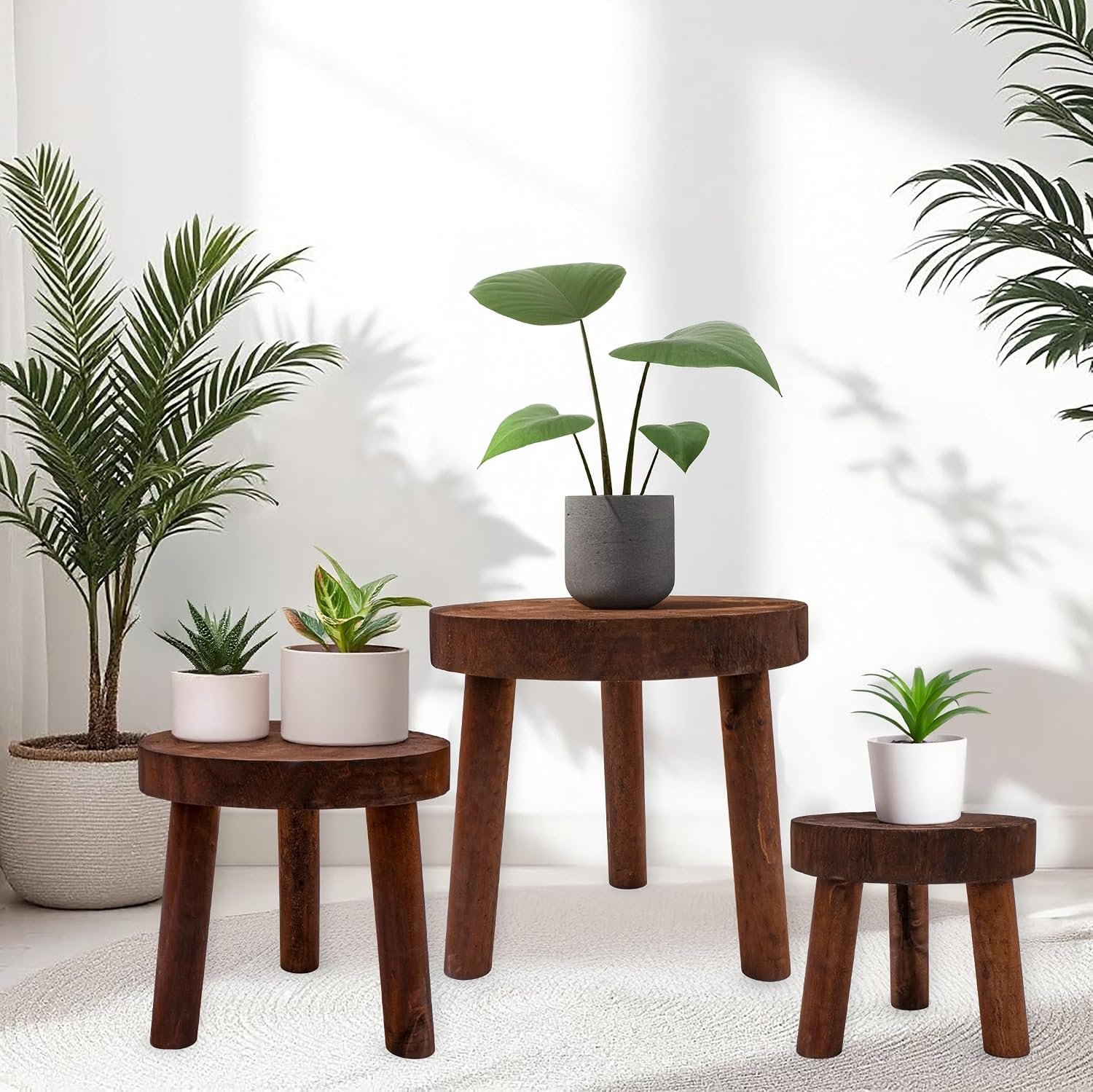 Wooden Flower Stool with 3 Legs, Brown, Set of 3, 30/26/22 cm, Solid Wood Decorative Plant Stand, Round, Real Wood Stool Stand for Flowers, Potted Plant, Garden, Balcony, Home... - صورة 2