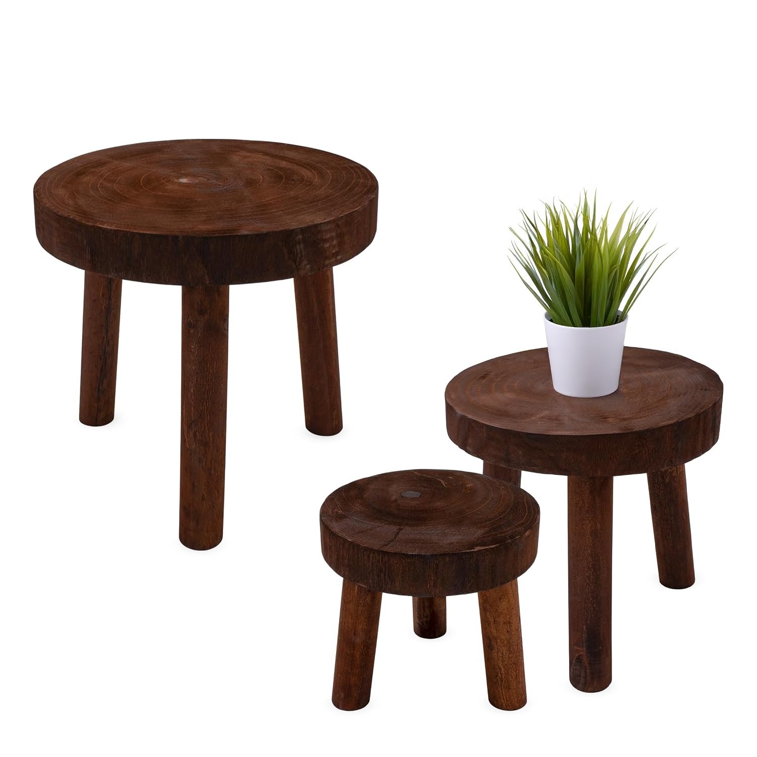 Wooden Flower Stool with 3 Legs, Brown, Set of 3, 30/26/22 cm, Solid Wood Decorative Plant Stand, Round, Real Wood Stool Stand for Flowers, Potted Plant, Garden, Balcony, Home... - صورة 8