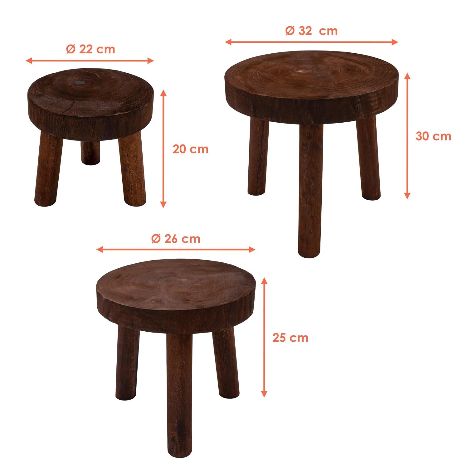 Wooden Flower Stool with 3 Legs, Brown, Set of 3, 30/26/22 cm, Solid Wood Decorative Plant Stand, Round, Real Wood Stool Stand for Flowers, Potted Plant, Garden, Balcony, Home... - صورة 9