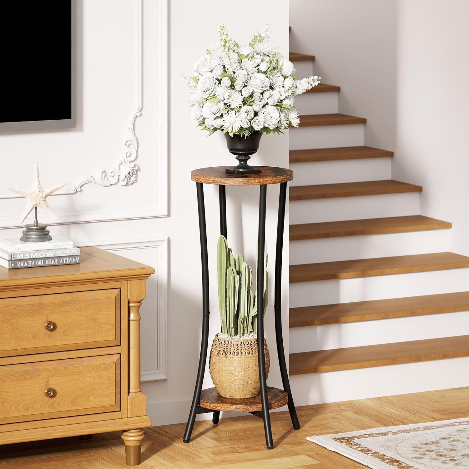 IBUYKE TMJ074H 2 Tier Plant Shelf Flower Stand, 76 cm High Wooden Plant Stand, Modern Round Flower Pot Stand, Plant Stairs for Indoor, Garden, Balcony, Living Room Decoration,... - صورة 5