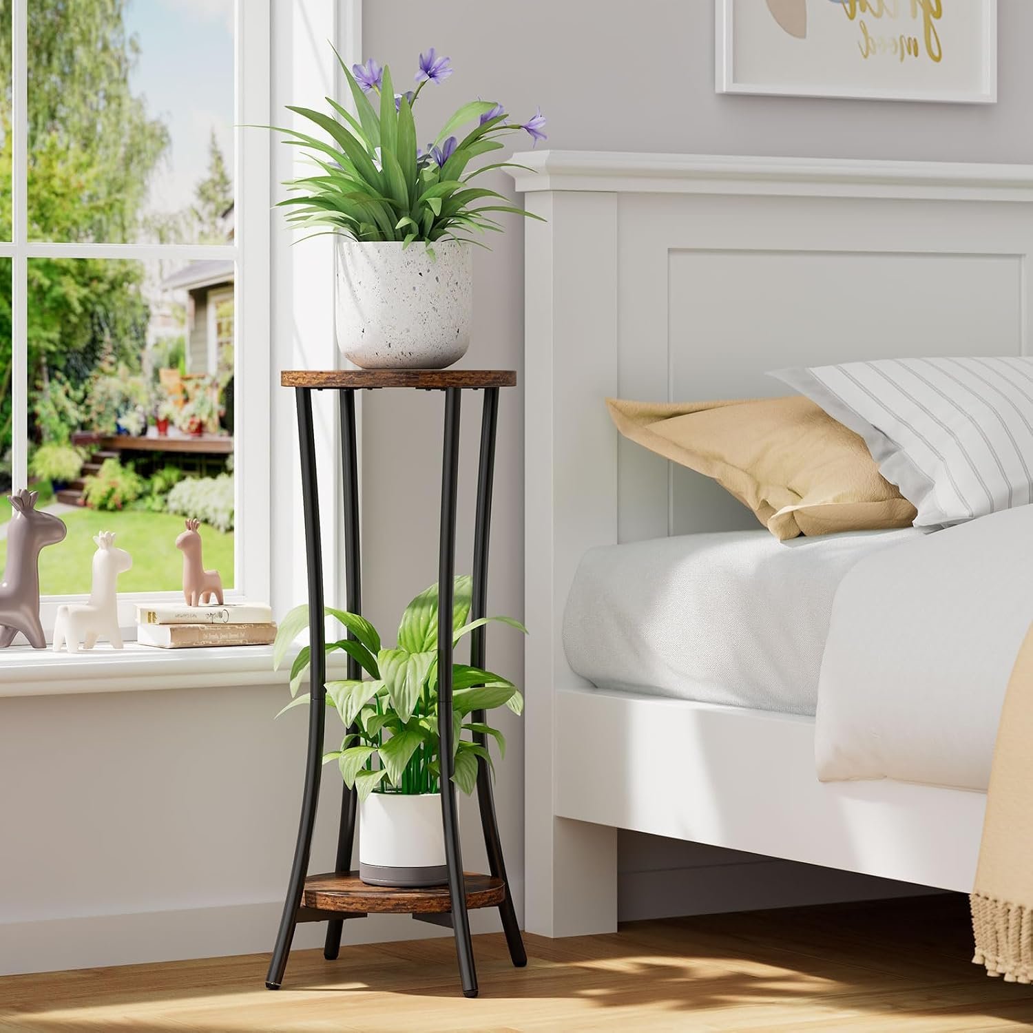 IBUYKE TMJ074H 2 Tier Plant Shelf Flower Stand, 76 cm High Wooden Plant Stand, Modern Round Flower Pot Stand, Plant Stairs for Indoor, Garden, Balcony, Living Room Decoration,... - صورة 6