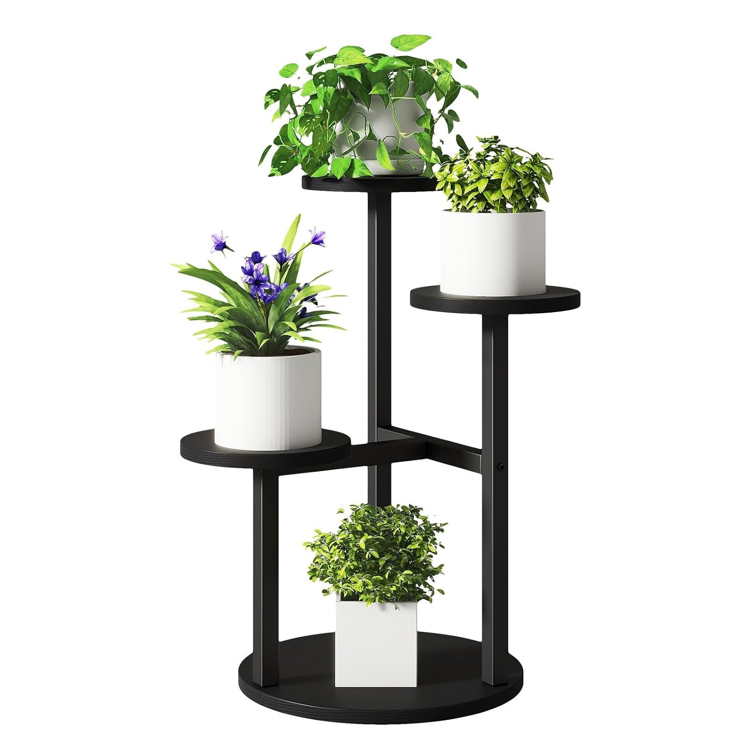 IBUYKE 4 Tier Plant Stand Indoor, Metal Wood Plant Shelf for Multiple Plants, Small Tiered Corner Flower Pot Stand for Living Room Patio Balcony Garden, Black TMJ073B - صورة 8