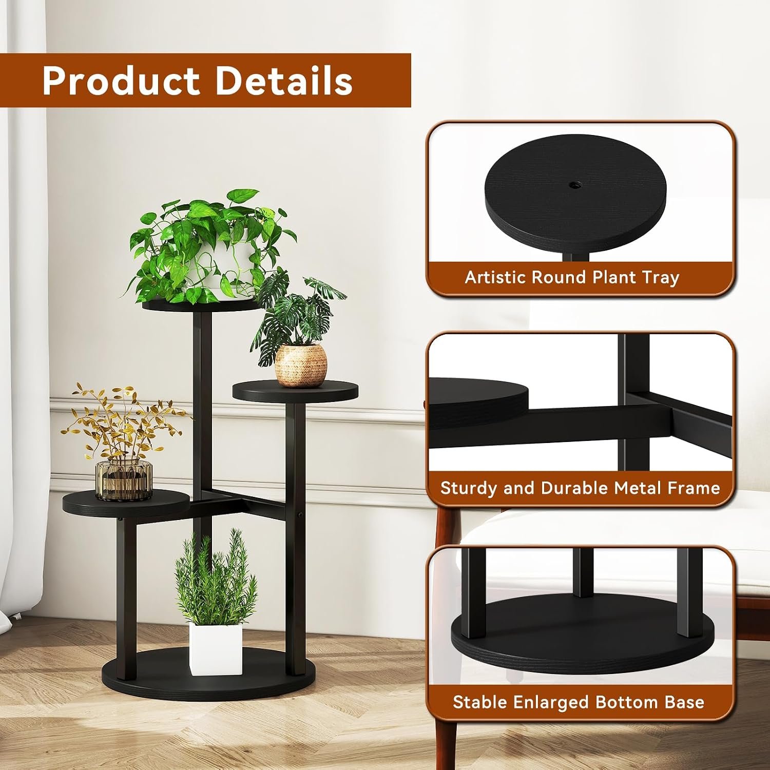 IBUYKE 4 Tier Plant Stand Indoor, Metal Wood Plant Shelf for Multiple Plants, Small Tiered Corner Flower Pot Stand for Living Room Patio Balcony Garden, Black TMJ073B - صورة 4